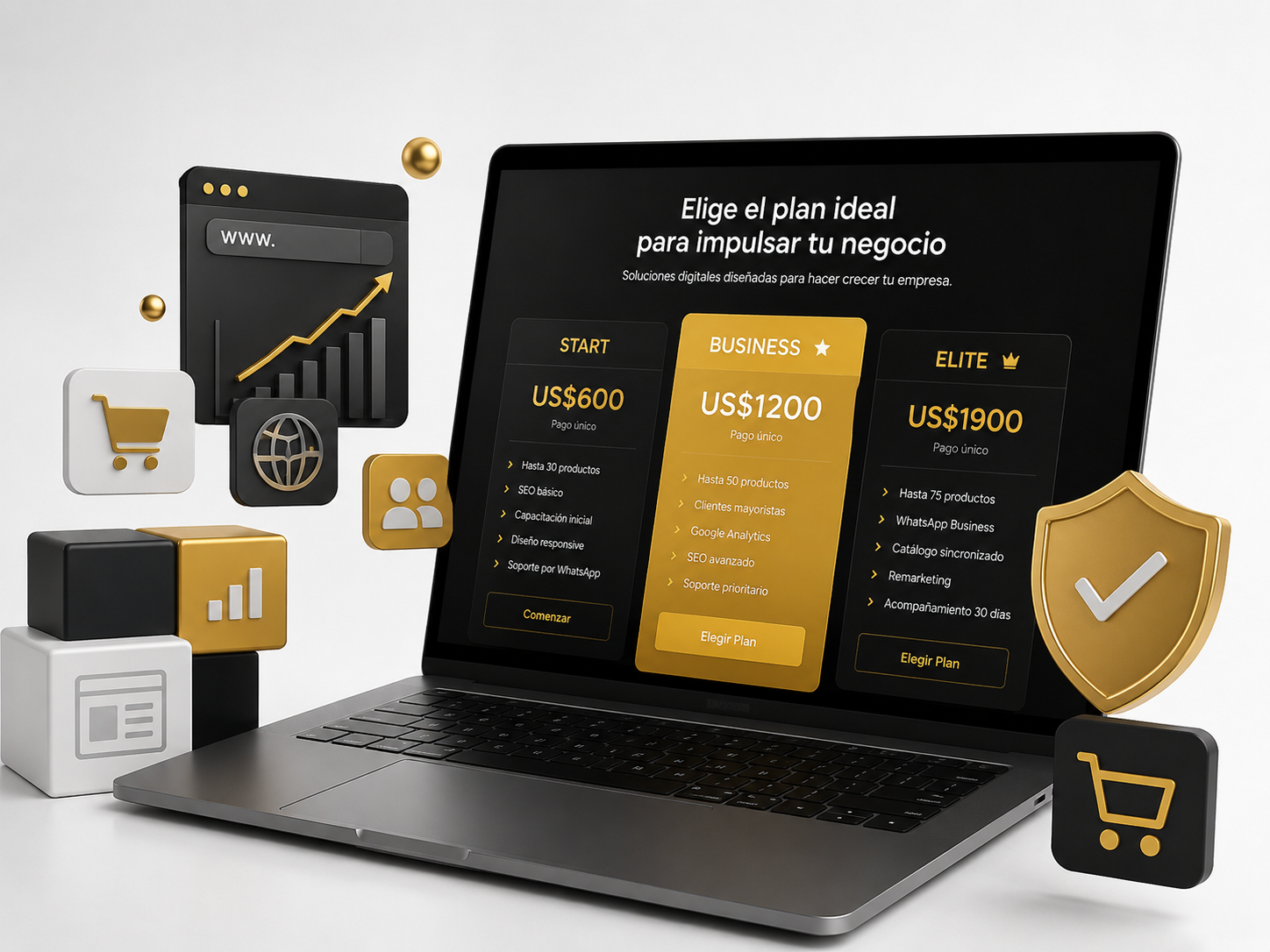 Planes de desarrollo web y comercio electrónico de MVS Commerce para empresas, con opciones Start, Business y Elite para impulsar el crecimiento digital.
