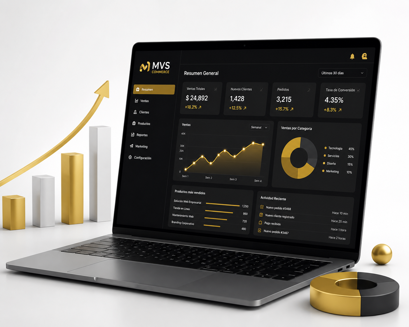 Laptop con dashboard empresarial de tecnología y crecimiento digital